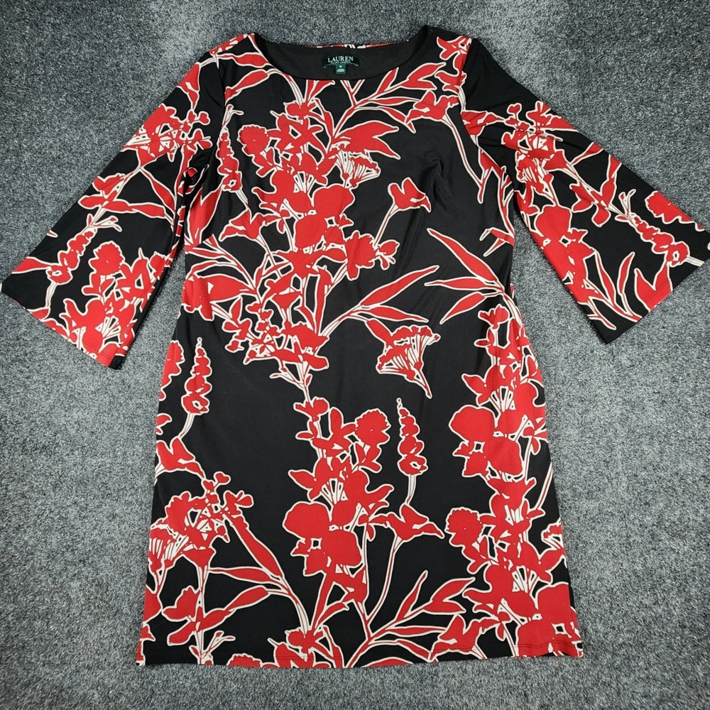 Lauren Ralph‎ Lauren Sheath Dress Women 16 Black Red Floral Bell Sleeve Jersey